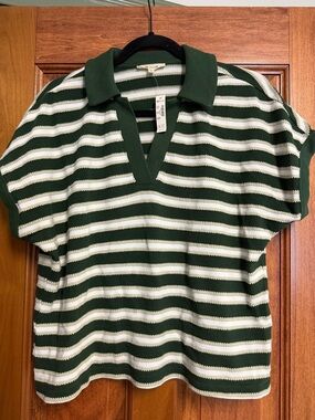 Madewell Green and White Striped Knit Polo